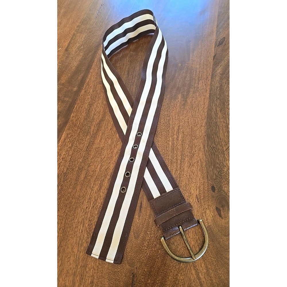 J Crew Ladies Vintage USA Striped Ribbon Belt W/Leather Accent Small (Up To 34")